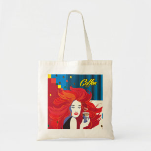 "Schöne Mode-Frau mit Kaffeetasse-" Pop Kunst Tragetasche