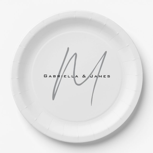 Schöne monogrammierte schwarze weiße graue Kalligr Pappteller (Vorderseite)
