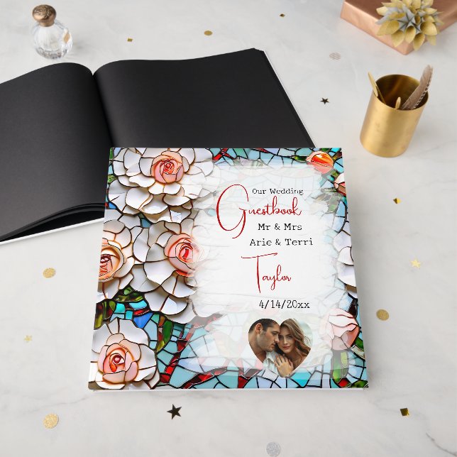 Schöne Mosaik-Hochzeit aus Glas und Tile Gästebuch (Vorderseite offen)
