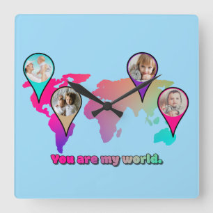 Schöne Multicolor-Weltkarte FotoCollage Quadratische Wanduhr