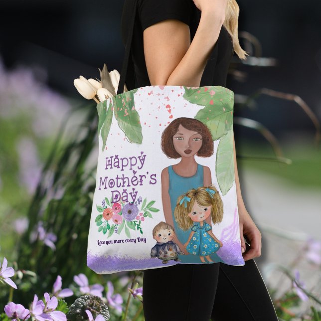 Schöne Mutter & Kinder Blumenbilder Tasche (Beautiful Mother & Kids Floral Illustration Tote Bag)
