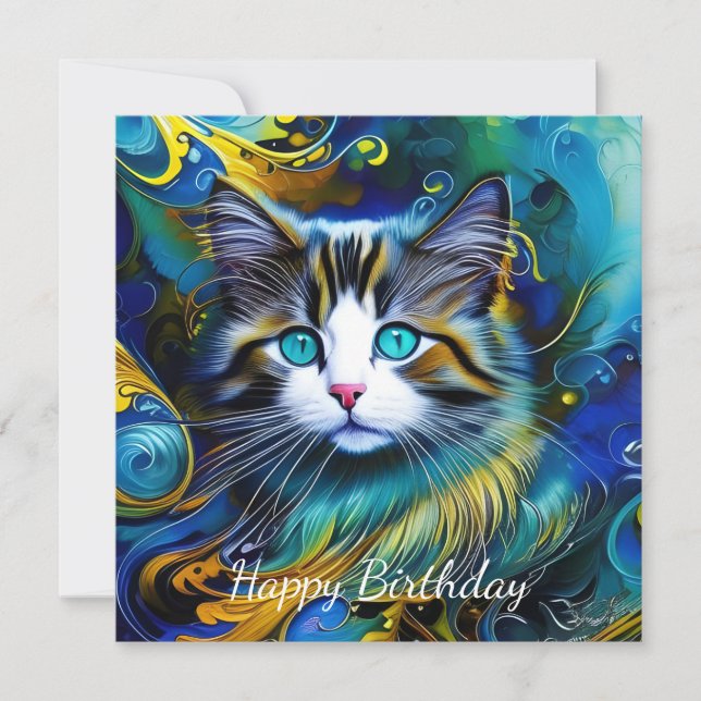 Schöne Mystische Katze in Blues und Golden Birthda (Vorderseite)
