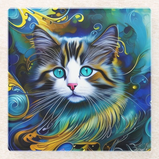 Schöne Mystische Katze in Blues und Golden Glasuntersetzer (Vorderseite)
