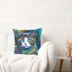 Schöne Mystische Katze in Blues und Golden Kissen
