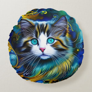 Schöne Mystische Katze in Blues und Golden Rundes Kissen