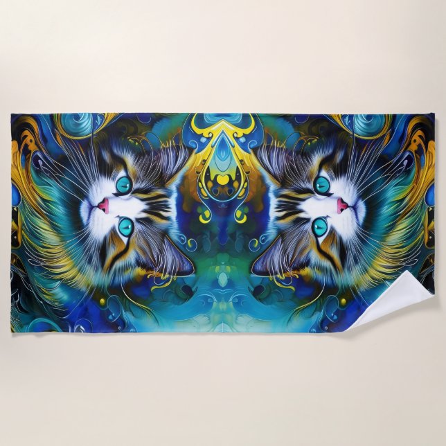 Schöne Mystische Katze in Blues und Golden Strandtuch (Vorderseite)