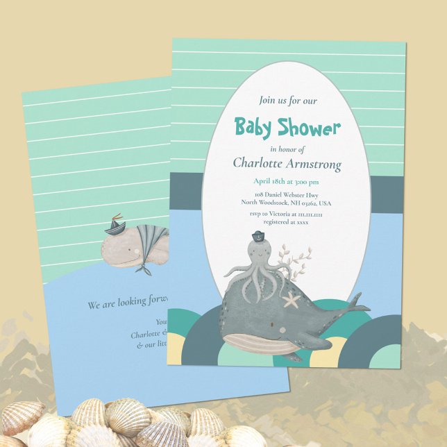 Schöne Nautical Whale Octopus Green Baby Dusche Einladung (Lovable Nautical Whale Squid Green Baby Shower Invitation ©Susanne Sachers - Sunny Mind Design 🌞)