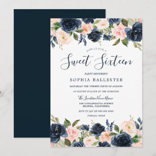 Schöne Navy & Blush Blues Sweet 16 Party Einladung