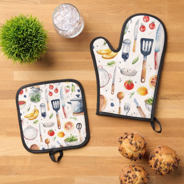 Schöne Niedliche Aquarellküche Geschirr Ofenhandschuh & Topflappen-Set (Oben Unten)