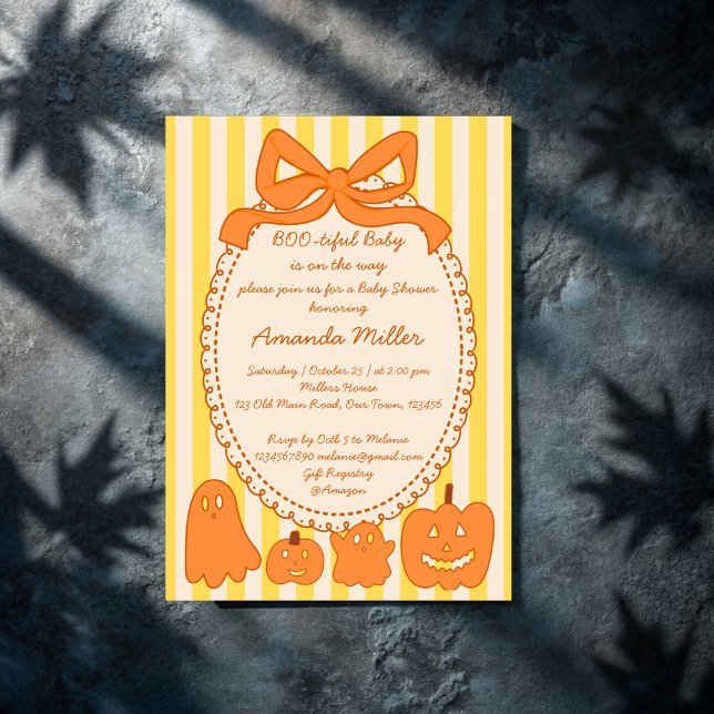 Schöne niedliche Halloween-Babydusche Einladung (Boo-tiful cute ghost retro yellow orange stripes Halloween baby shower Invitation cards template)