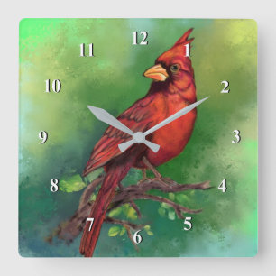 Schöne Northern Red Kardinal Bird Malerei Art  Quadratische Wanduhr