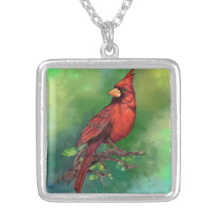 Schöne Northern Red Kardinal Bird Malerei Art  Versilberte Kette