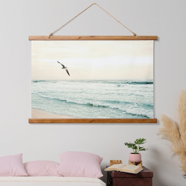 Schöne Ocean Beach Landschaft Seagull Höhenflug Wandteppich Mit Holzrahmen (Schlafzimmer)