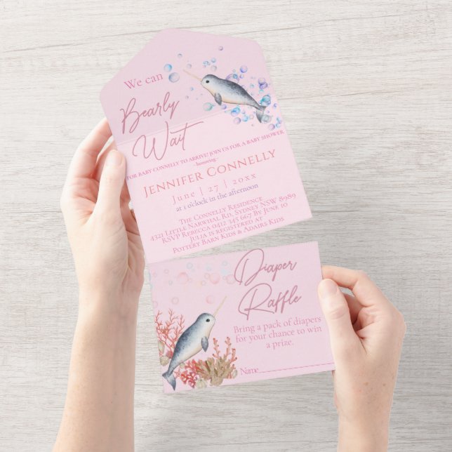 Schöne Ocean Narwhal Muscheln Bläschen Baby Dusche All In One Einladung (Abreißen)