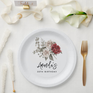 Schöne Off-White & Rote Rosen Blumengeburt Pappteller