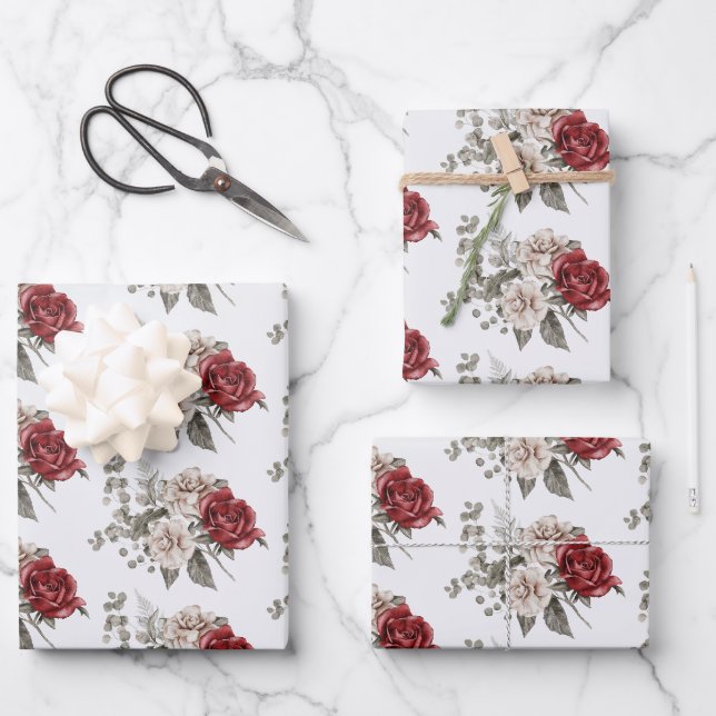 Schöne Off-White & Rote Rosen Gemustert Geschenkpapier Set (Vorderseite)