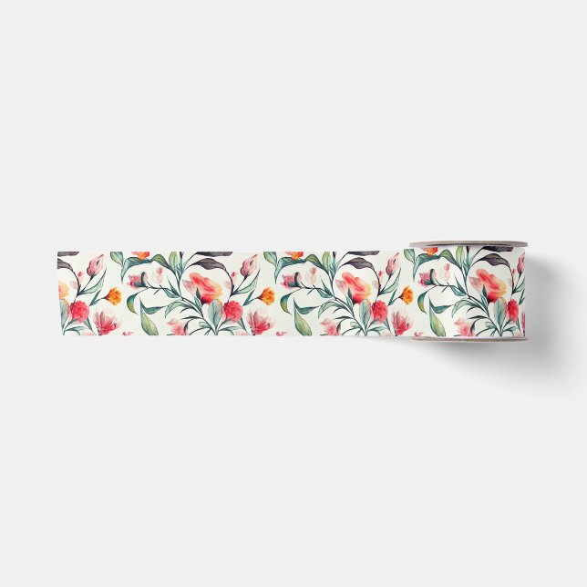 Schöne Orange Blumengrün Blätter Satinband (Vorderseite)