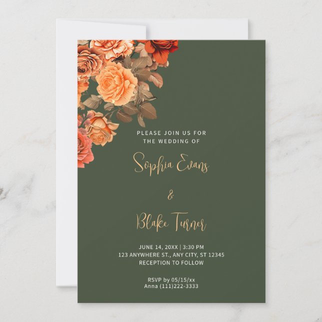Schöne Orange Floral Bouquet Green Wedding Einladung (Vorderseite)