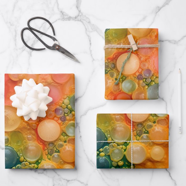 Schöne Orange Green Liquid Pour Cells Kunst Geschenkpapier Set (Vorderseite)