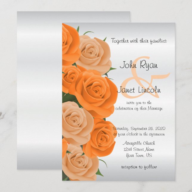 Schöne Orange Rose Blume Hochzeit Einladungen (Vorne/Hinten)