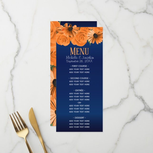 Schöne Orange Rose und Navy Blue Wedding Menükarte (Vorderseite/Rückseite Beispiel)