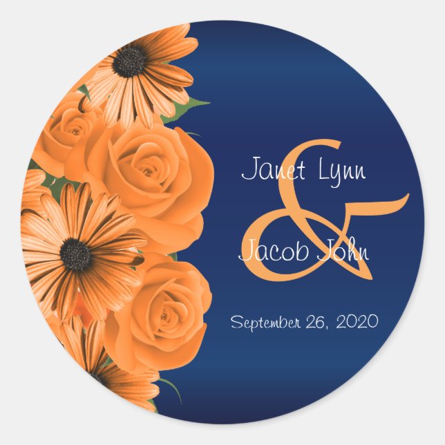 Schöne Orange Rose und Navy Blue Wedding Runder Aufkleber (Vorderseite)