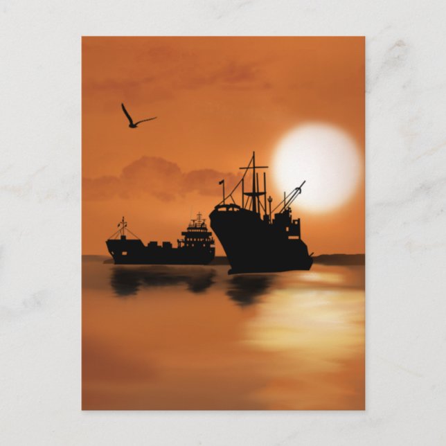 Schöne Orangen Sonnenuntergang Schiffe Vögel Abbil Postkarte (Vorderseite)
