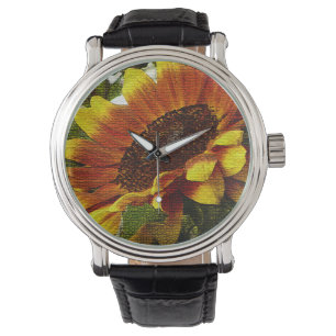 Schöne Orangen- und Gelbblütenuhr Armbanduhr