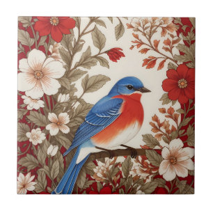 Schöne Östliche Blaumeise Rote Blüten Fliese