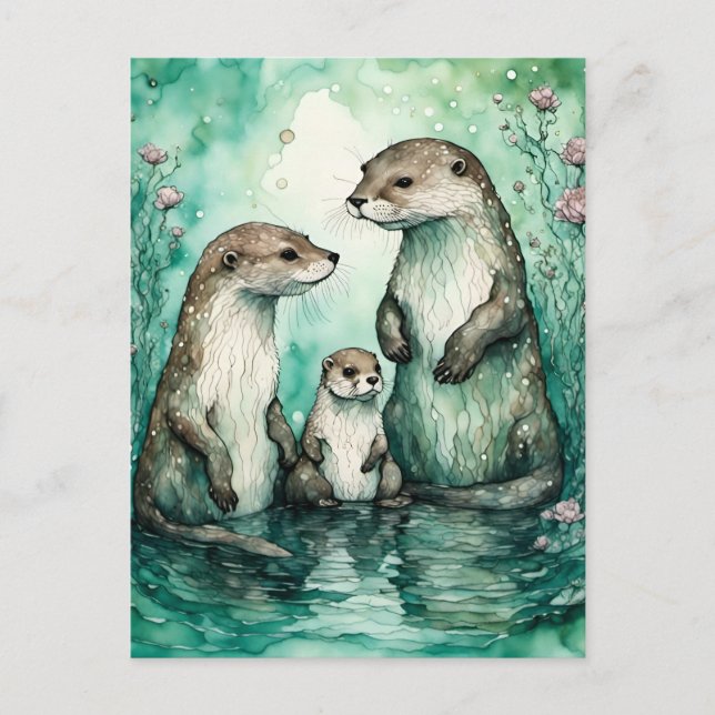 Schöne Otter-Familie mit Kinderbett Postkarte (Vorderseite)