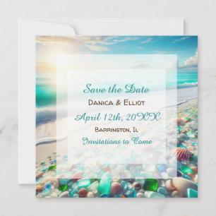 Schöne Ozeanwellen und Hochzeiten von Meerglas Save The Date