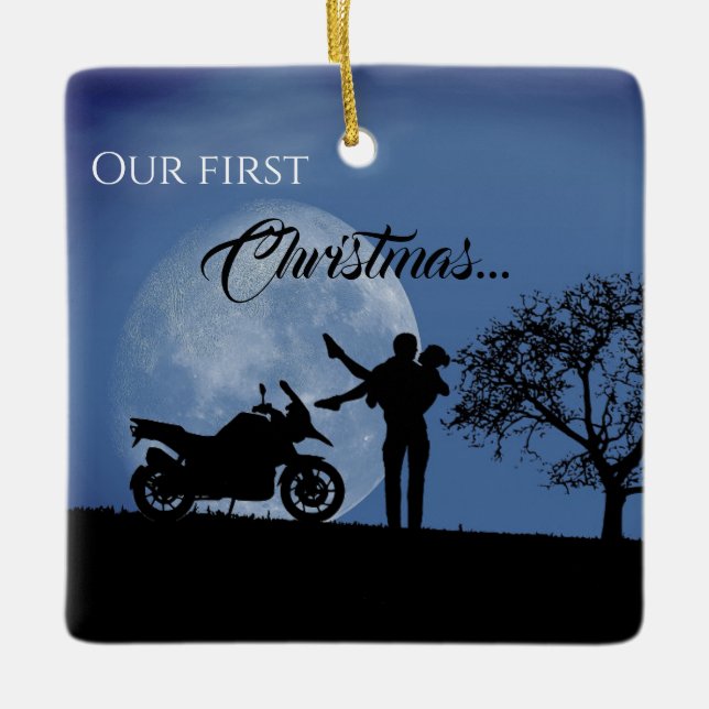 Schöne Paare Erste WeihnachtsMotorrad-Liebe Keramikornament (Vorderseite)