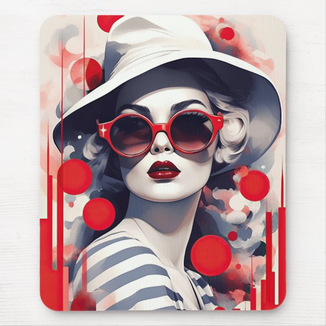 Schöne Pariser Frau in Sonnenbrille und Hut Mousepad (Vorne)