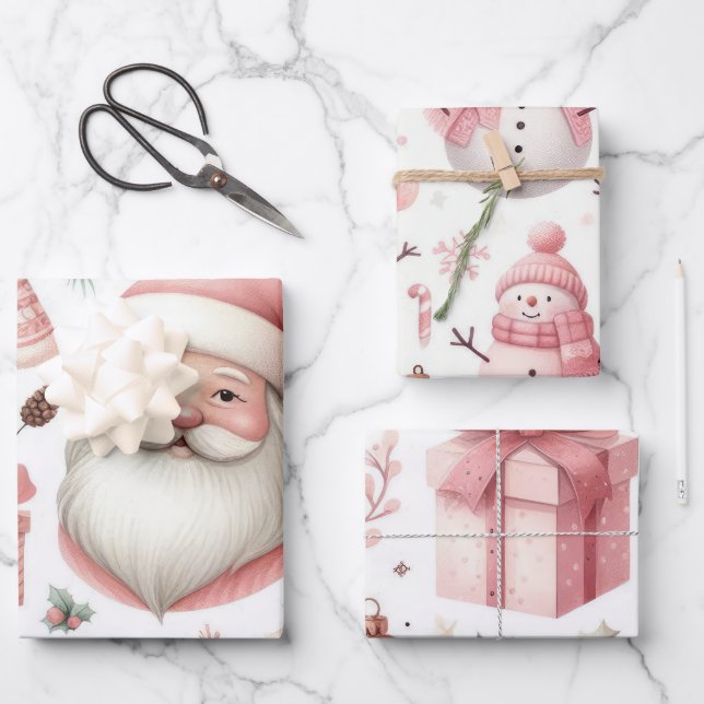 Schöne Pastel Pink Weihnachtsdesigns Geschenkpapier Set (Vorderseite)