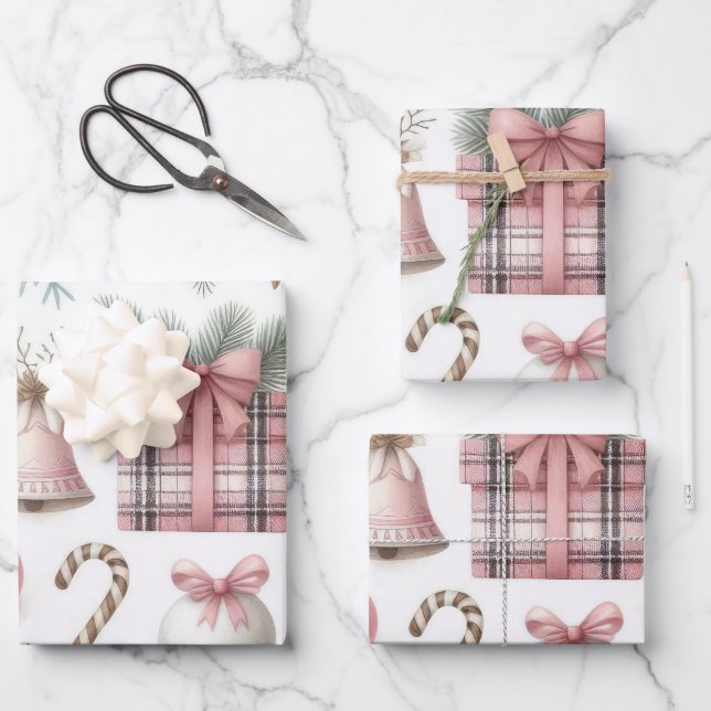 Schöne Pastel Pink Weihnachtsdesigns Geschenkpapier Set (Vorderseite)