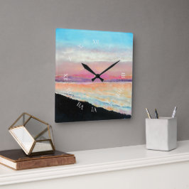 Schöne Pastelle Sonnenuntergangsmalerei Quadratische Wanduhr
