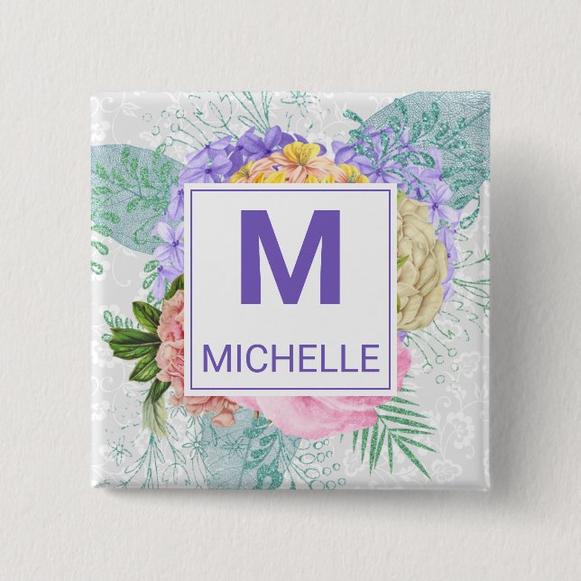 Schöne Pastellfarben Frühlingsblumen Monogramm Button (Vorderseite)