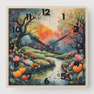Schöne Pastelllandschaft im Frühlingsregen Quadratische Wanduhr