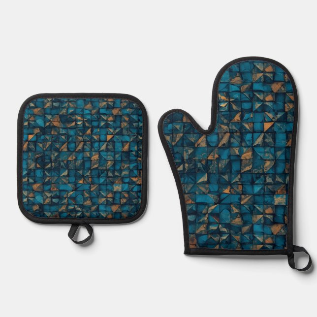 Schöne Patchwork-Optik in Dunkel-Türkis Ofenhandschuh & Topflappen-Set (Vorderseite)