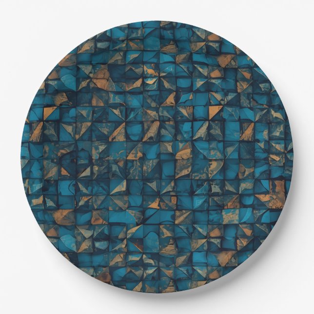 Schöne Patchwork-"Optik" in Dunkel-Türkis Pappteller (Vorderseite)