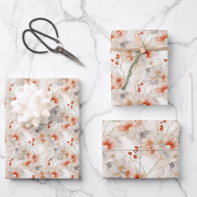 Schöne Peach Red White Floral Geschenkpapier Set (Vorderseite)