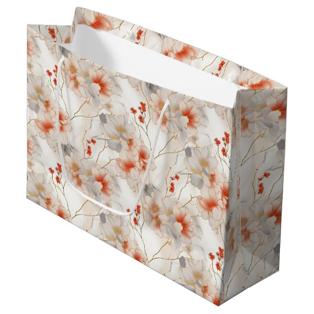 Schöne Peach Red White Floral Große Geschenktüte (Vorderseite Schrägansicht)