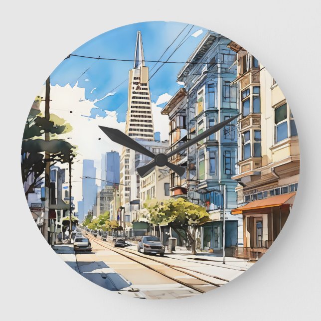 Schöne Pen- und Tintenskizze von San Francisco Große Wanduhr (Vorderseite)