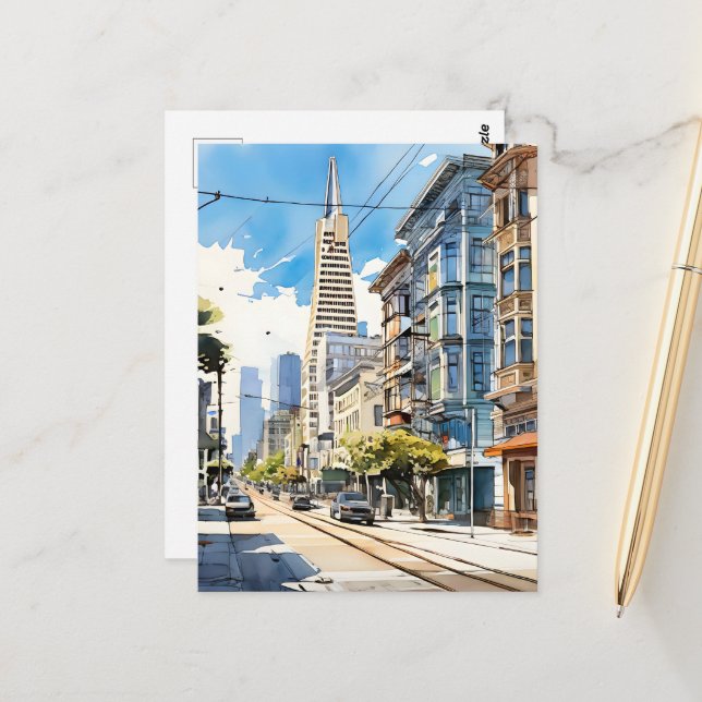 Schöne Pen- und Tintenskizze von San Francisco Postkarte (Vorderseite/Rückseite Beispiel)