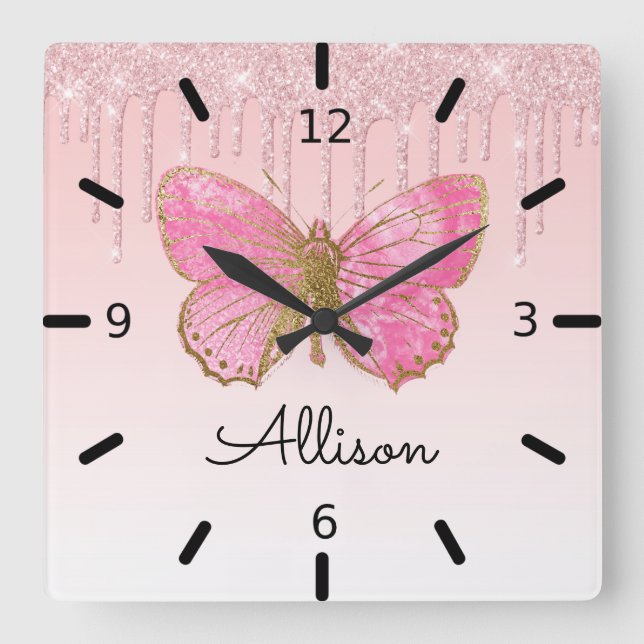 Schöne Personalisierte Rosa Schmetterling Quadratische Wanduhr (Vorderseite)