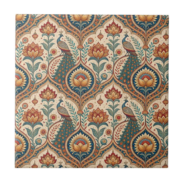 Schöne Pfau- und indische Blumenmuster-Kunst Fliese (Vorderseite)