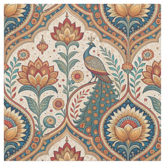 Schöne Pfau- und indische Blumenmuster-Kunst Stoff (Nahaufnahme)