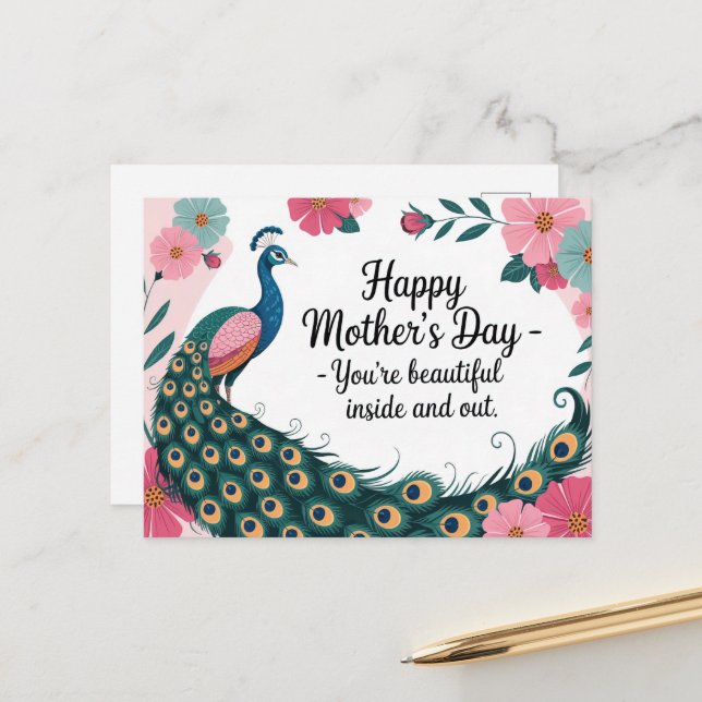 Schöne Pfauenflora Muttertag Postkarte (Vorderseite/Rückseite Beispiel)