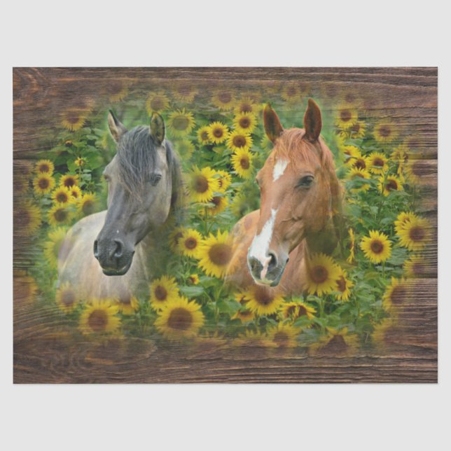 Schöne Pferde auf dem Feld der Sonnenblumen Seidenpapier (Vorderseite)