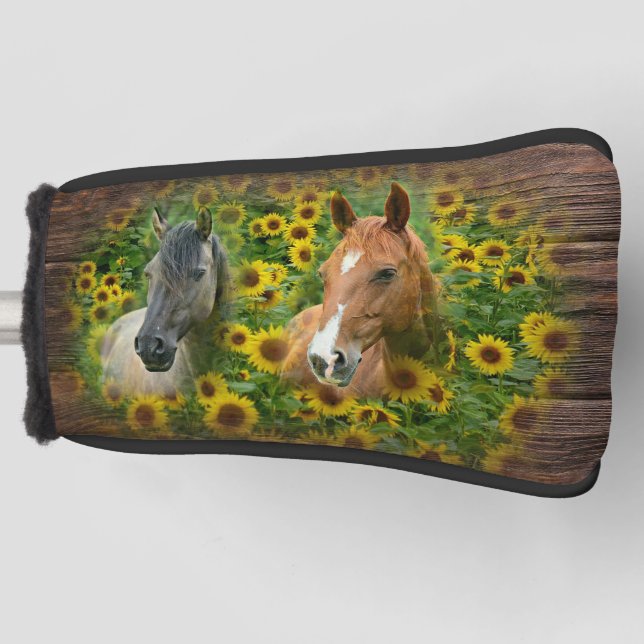 Schöne Pferde im Feld der Sonnenblumen Golf Headcover (Vorderseite)